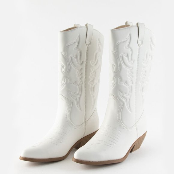 NEW Pointed Toe Embroidered Cowboy Cowgirl Western Mid-Calf High Boot Block Heel - Picture 7 of 10